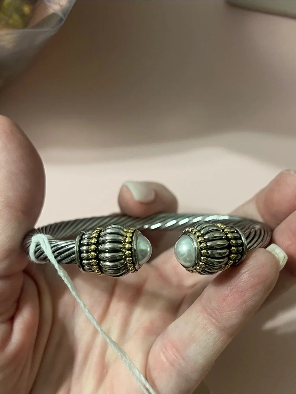MKM Designs Silver-Tone Twisted Cable Cuff with Gold Accents and Pearl Ends